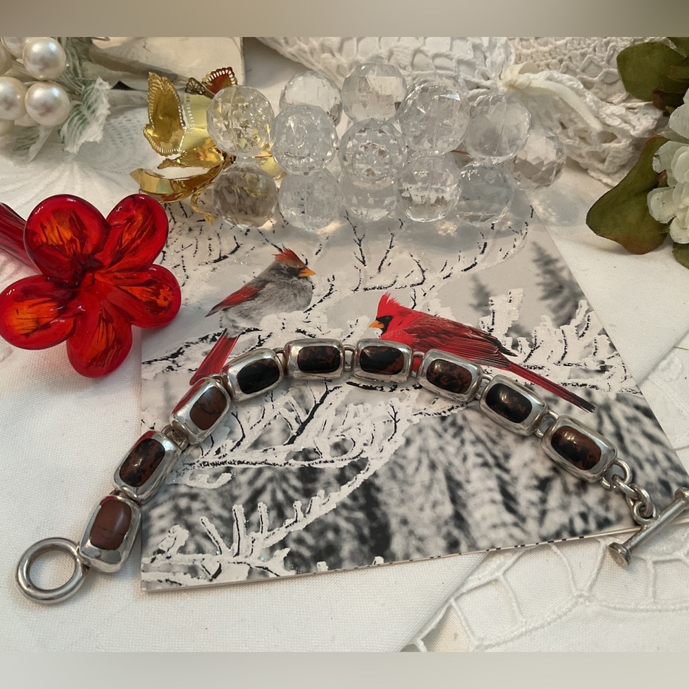 VINTAGE .950 SILVER MAHOGANY OBSIDIAN 9 LINK BRACELET, TOGGLE CLASP 36 GRAMS - Picture 2 of 16